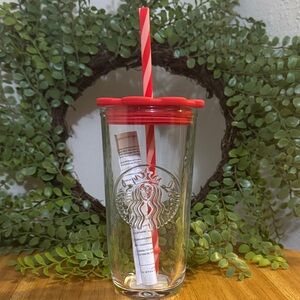 Starbucks Red and Clear Glass Heart Valentine Tumbler with Straw